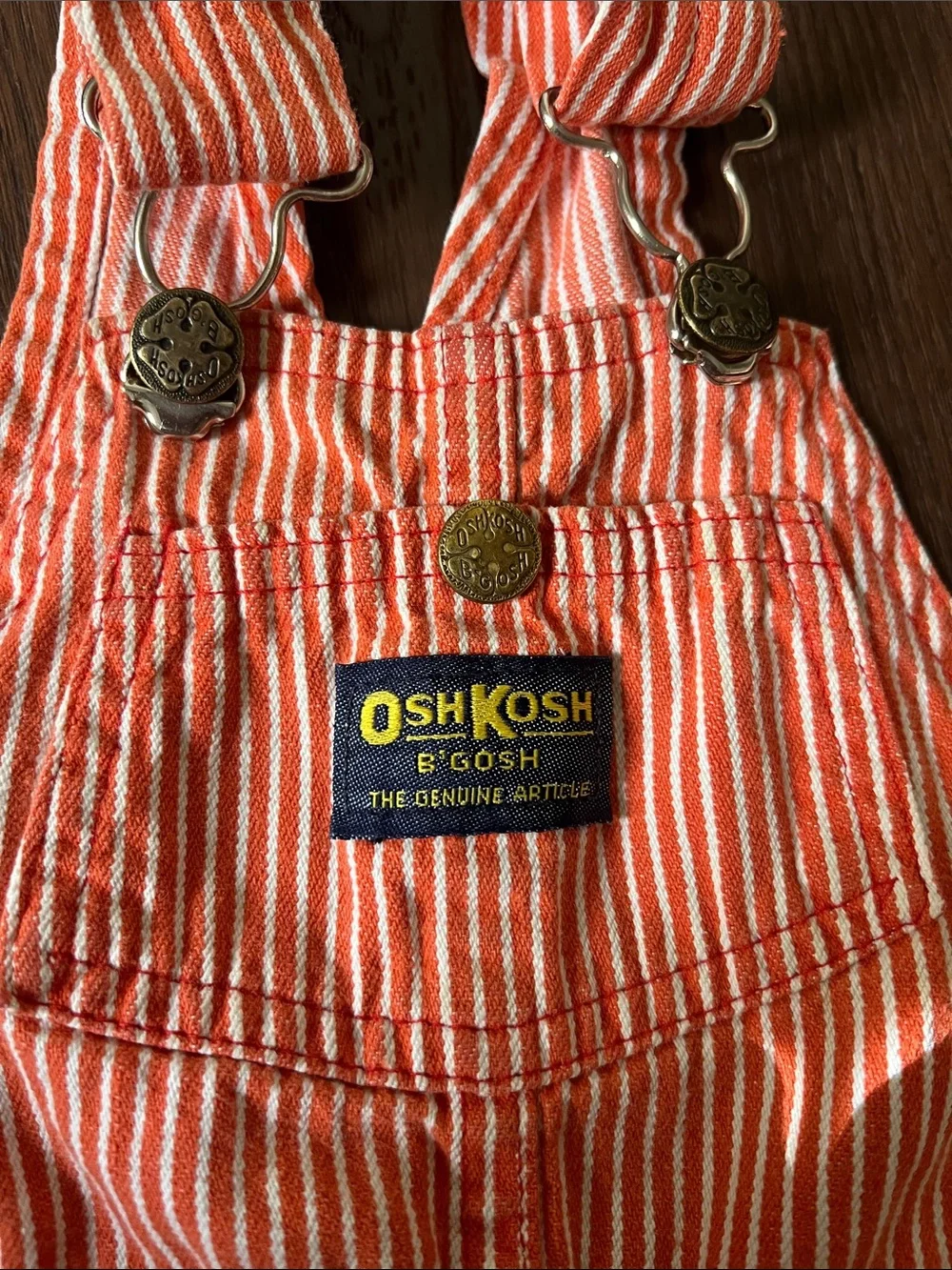 Vintage OshKosh B'Gosh red and white striped shortall overalls